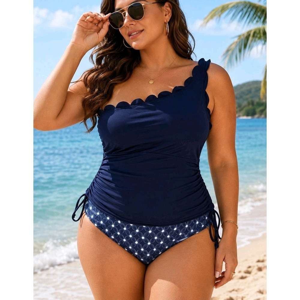 NWT Women's 2XL Navy One Shoulder Tankini Set Scallop Trim Swimwear